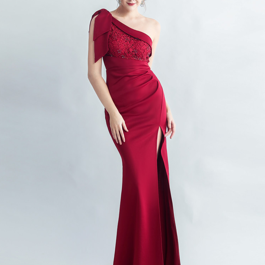 One-Shoulder Bowknot Lace Panel High Slit Evening Gown M03223