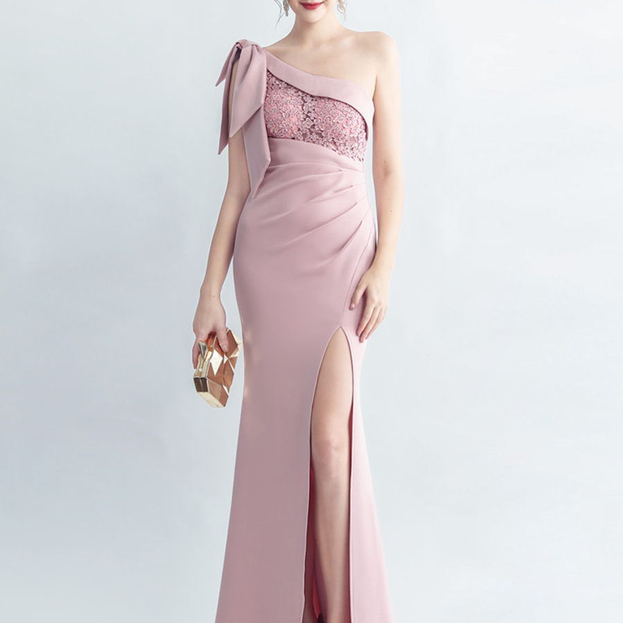 One-Shoulder Bowknot Lace Panel High Slit Evening Gown M03223