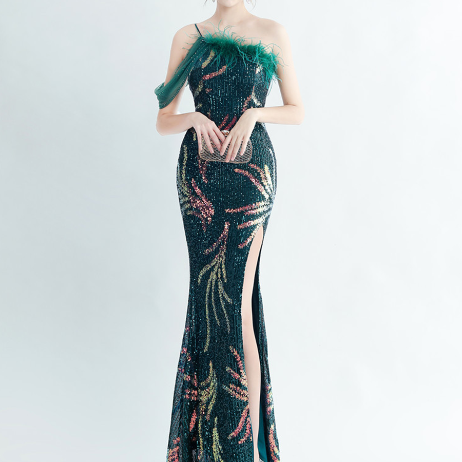 Elegant Feather Trim Sequin One-Shoulder Formal Dress M02324