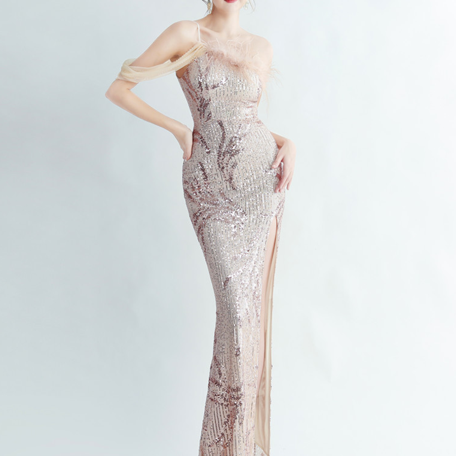Elegant Feather Trim Sequin One-Shoulder Formal Dress M02324