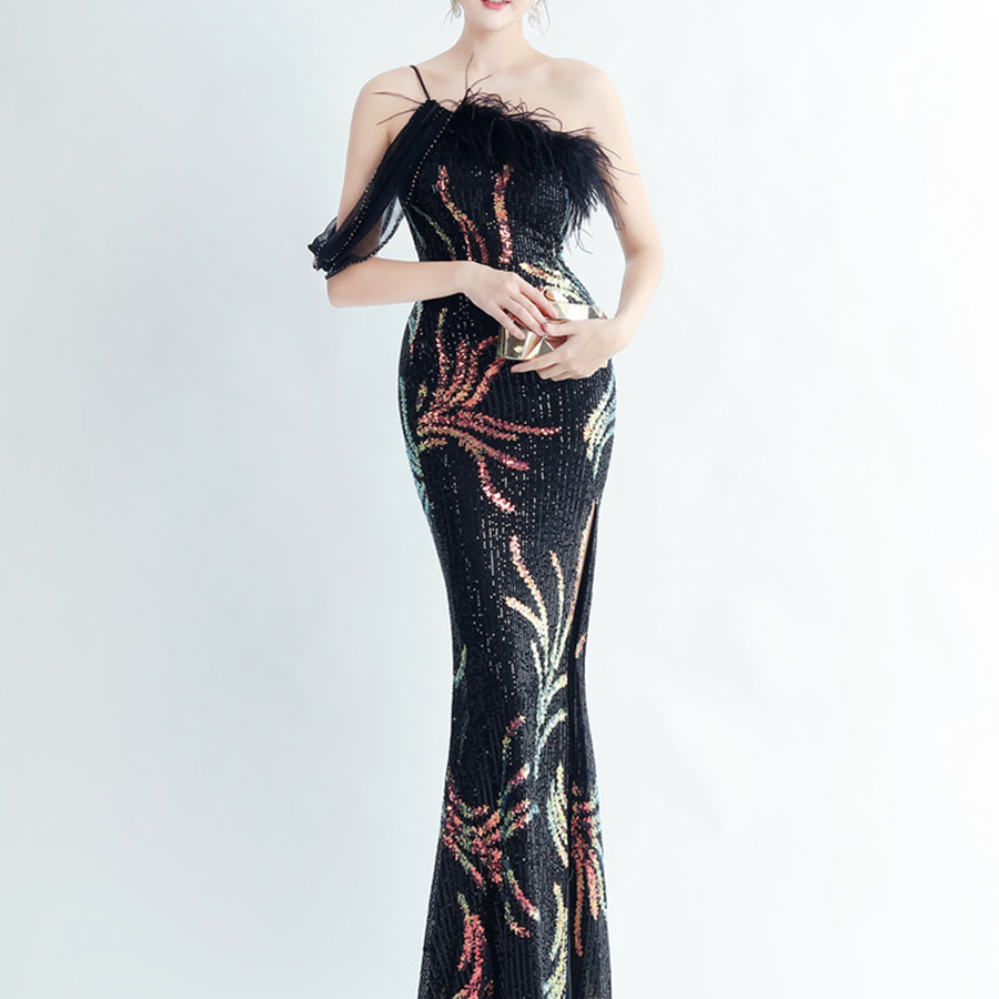 Elegant Feather Trim Sequin One-Shoulder Formal Dress M02324