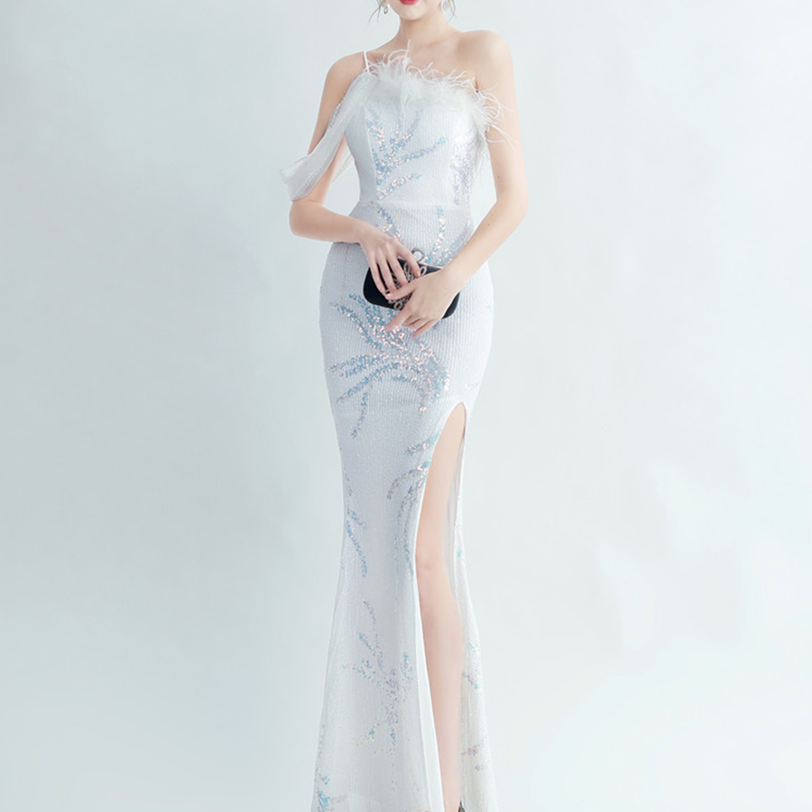 Elegant Feather Trim Sequin One-Shoulder Formal Dress M02324