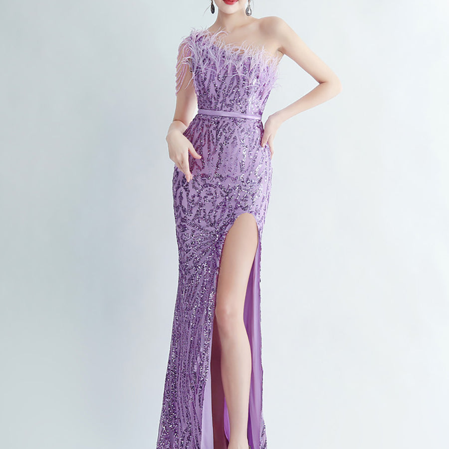 One Shoulder Feather Beads Chain Sequin Black Prom Dress M02337