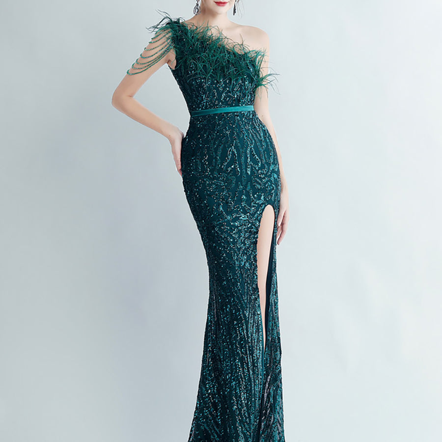 One Shoulder Feather Beads Chain Sequin Black Prom Dress M02337