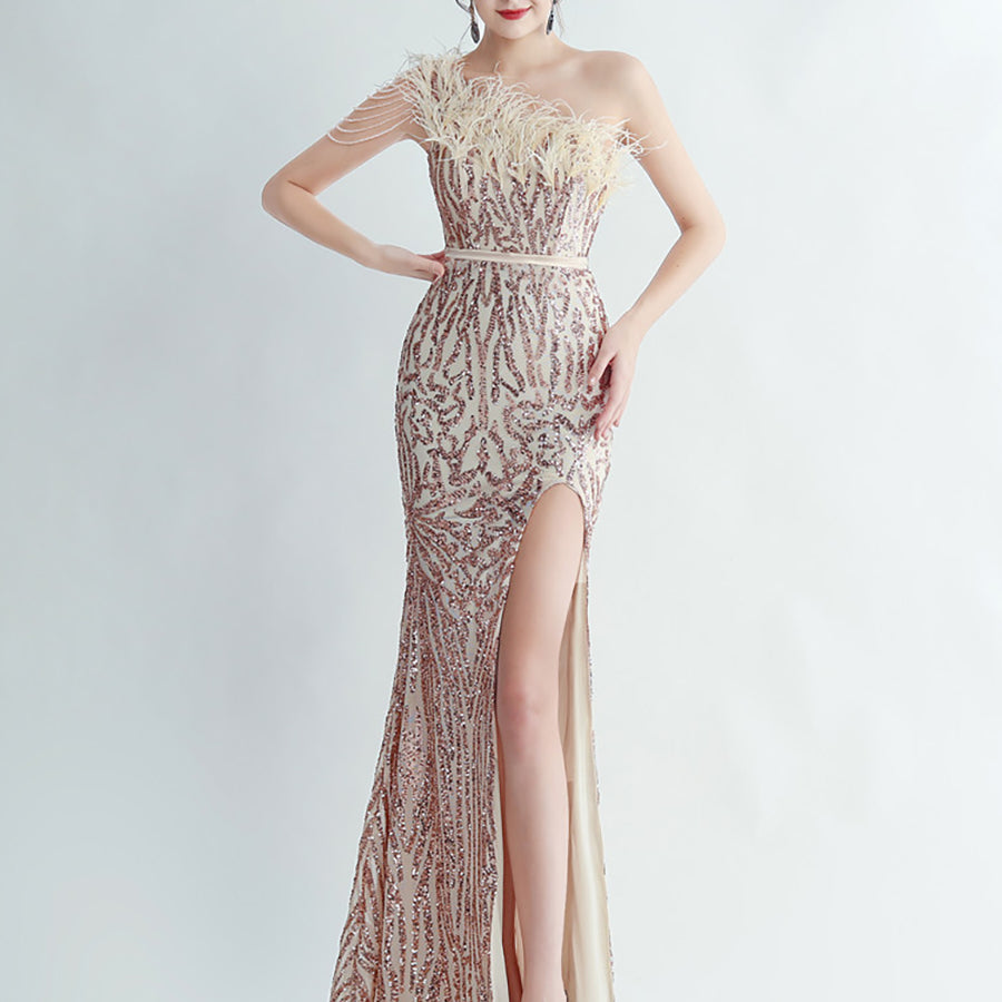 One Shoulder Feather Beads Chain Sequin Black Prom Dress M02337