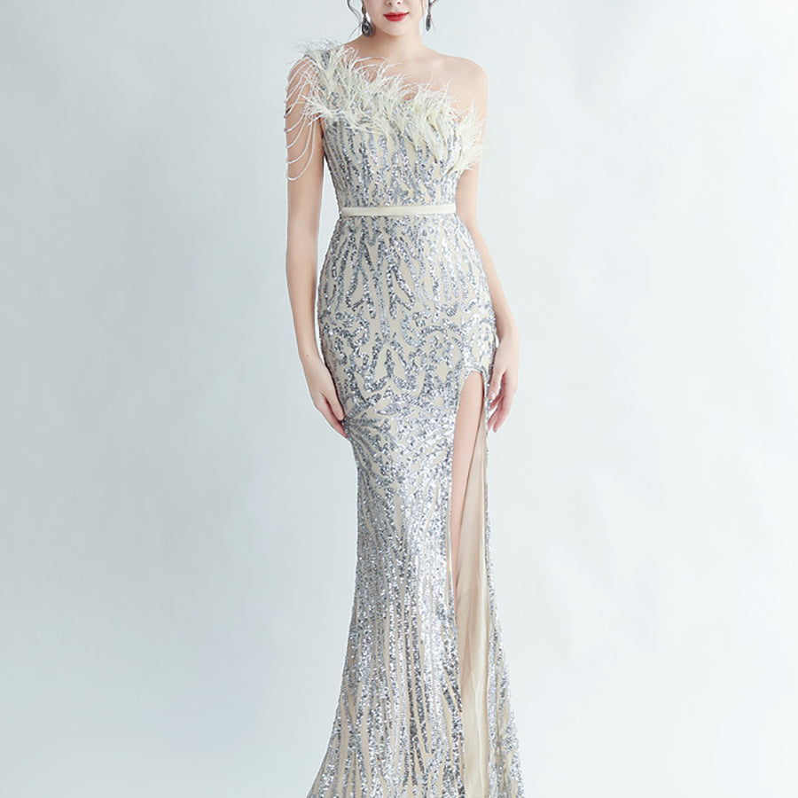 One Shoulder Feather Beads Chain Sequin Black Prom Dress M02337