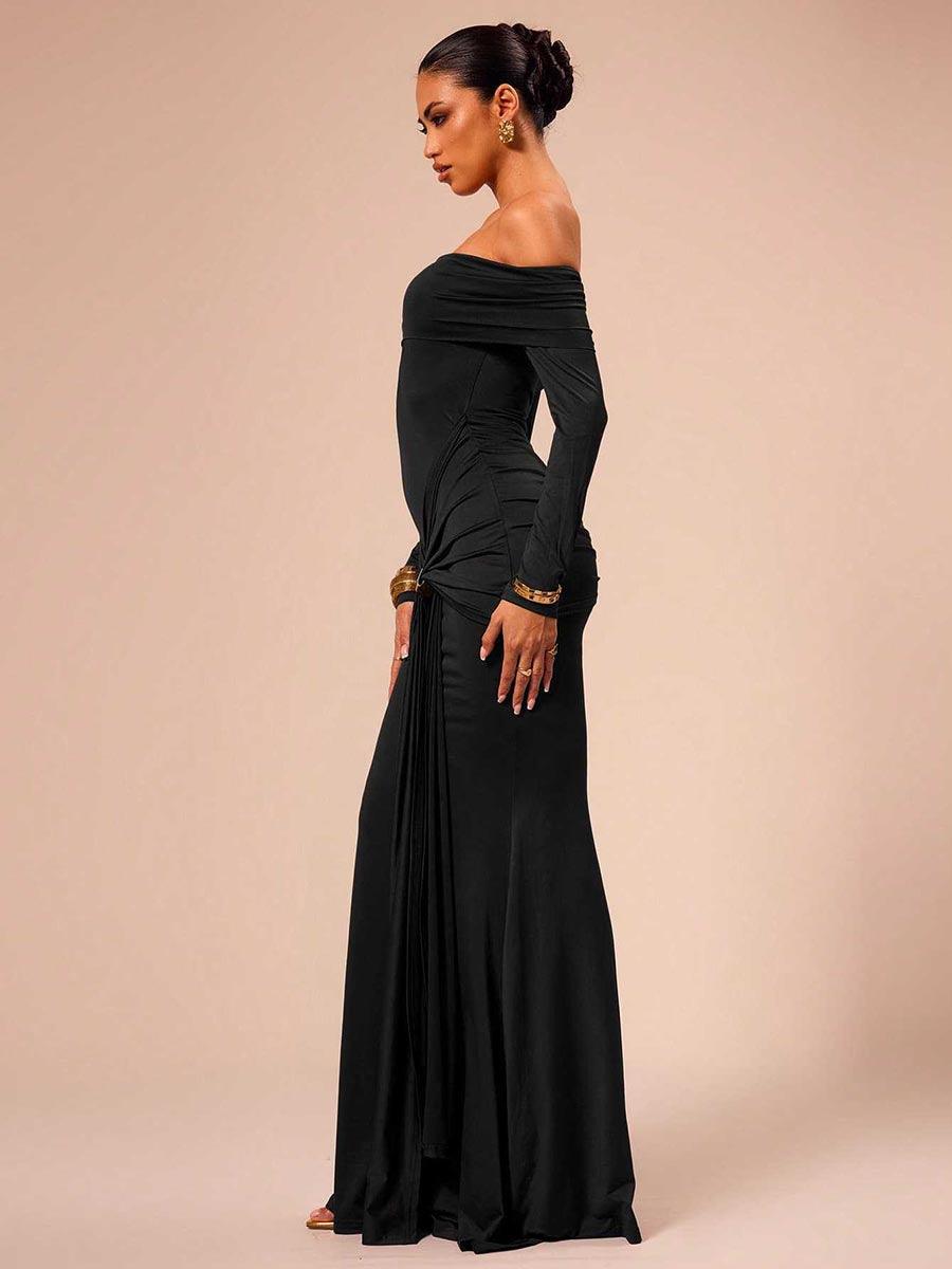 Off Shoulder Draped Long Sleeve Dress MCC1202 - MISS ORD