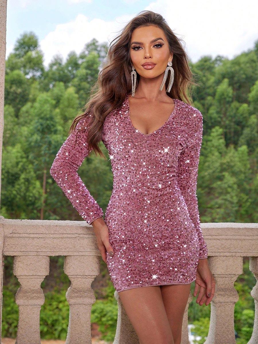 Sequin Long Sleeve V-neck Mini Party Dress MCC1213 - MISS ORD