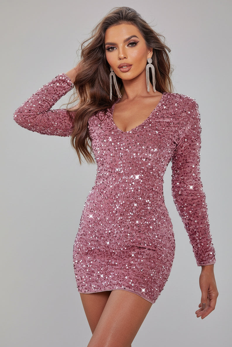 Sequin Long Sleeve V-neck Mini Party Dress MCC1213 - MISS ORD