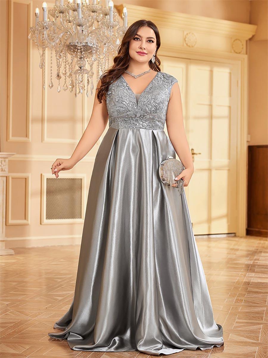 Plus Gray Panel V-neck A-line Prom Dress MCC1232 - MISS ORD