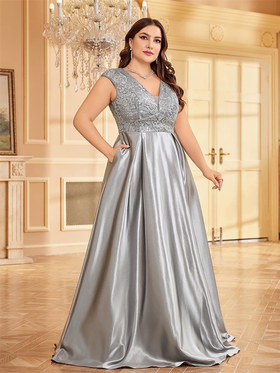 Plus Gray Panel V-neck A-line Prom Dress MCC1232 - MISS ORD