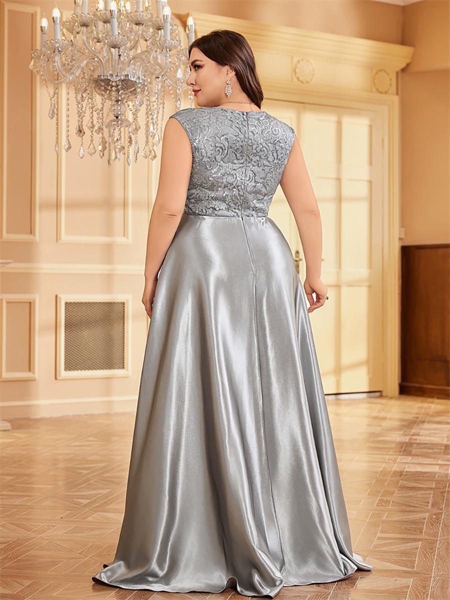 Plus Gray Panel V-neck A-line Prom Dress MCC1232 - MISS ORD