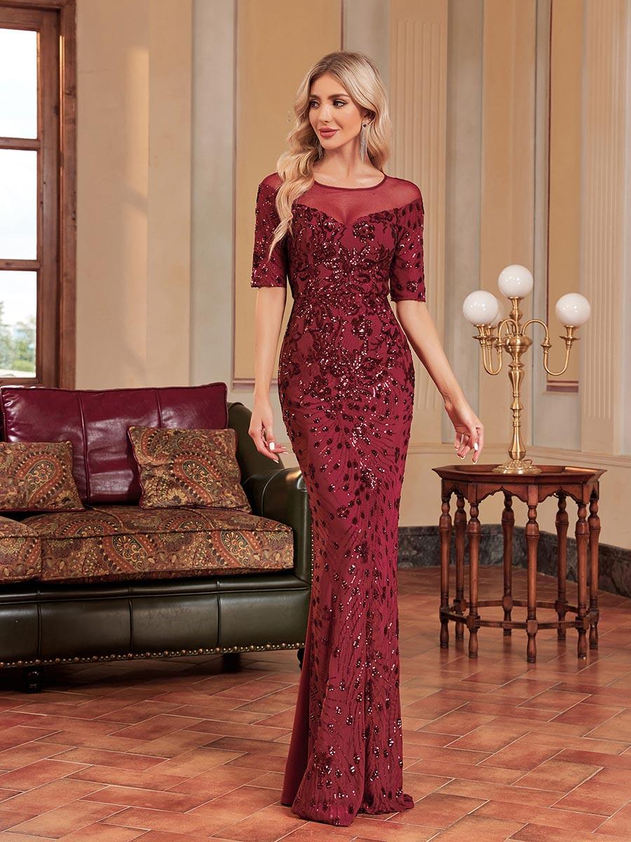 Burgundy Short Sleeve Embroidered Prom Dress MCC1233 - MISS ORD