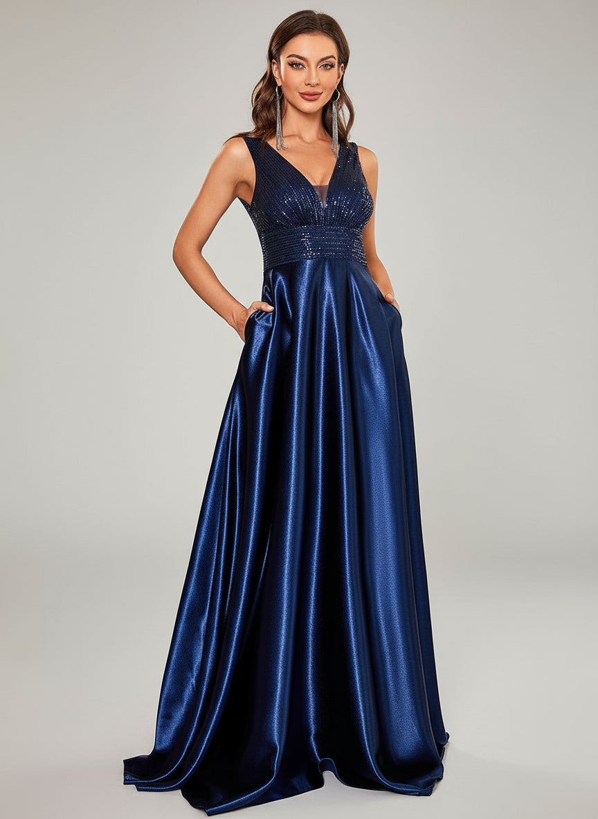 Blue V-neck Satin A-line Prom Dress MCC1234 - MISS ORD