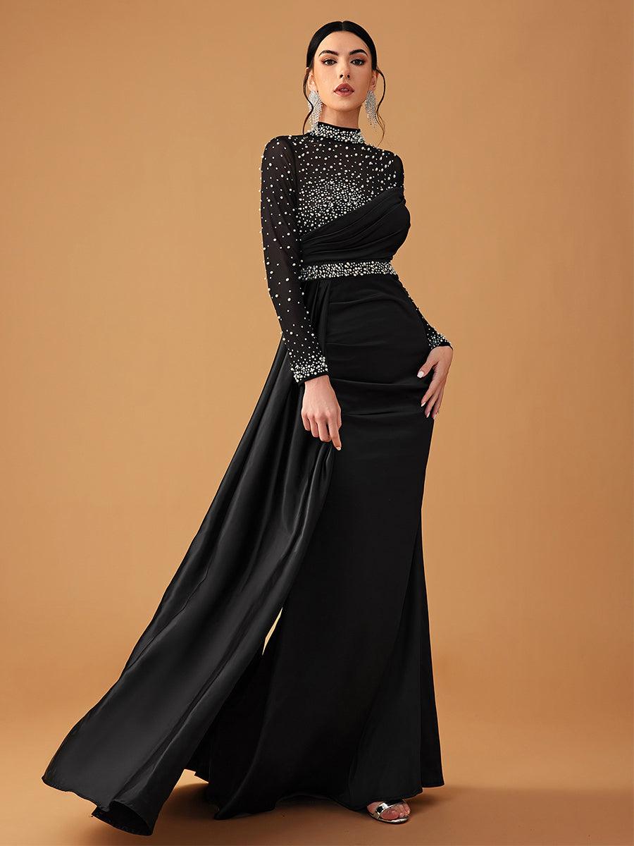 Elegant Mesh Beaded Satin Turtleneck Evening Dress MCW0924 - MISS ORD