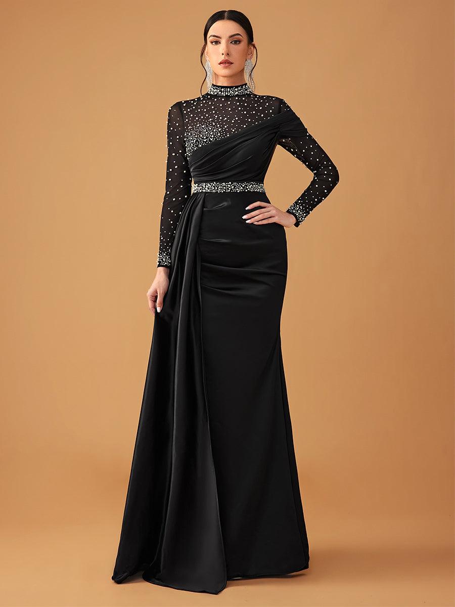 Elegant Mesh Beaded Satin Turtleneck Evening Dress MCW0924 - MISS ORD