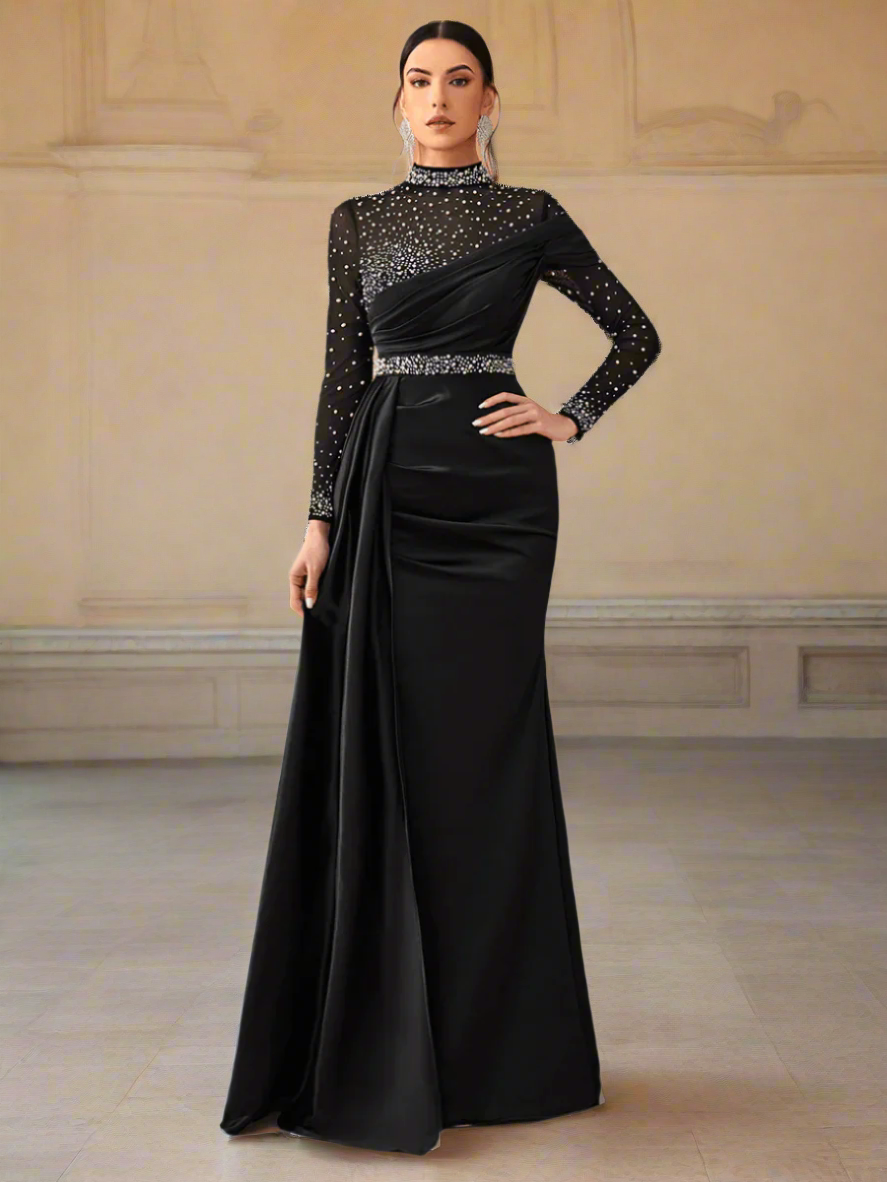 Elegant Mesh Beaded Satin Turtleneck Evening Dress MCW0924 - MISS ORD