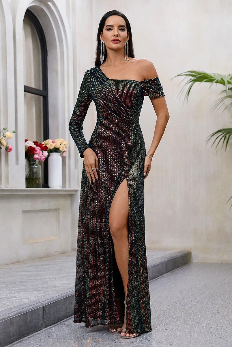 One Shoulder Glitter Ruched Prom Dress MCW1008 - MISS ORD