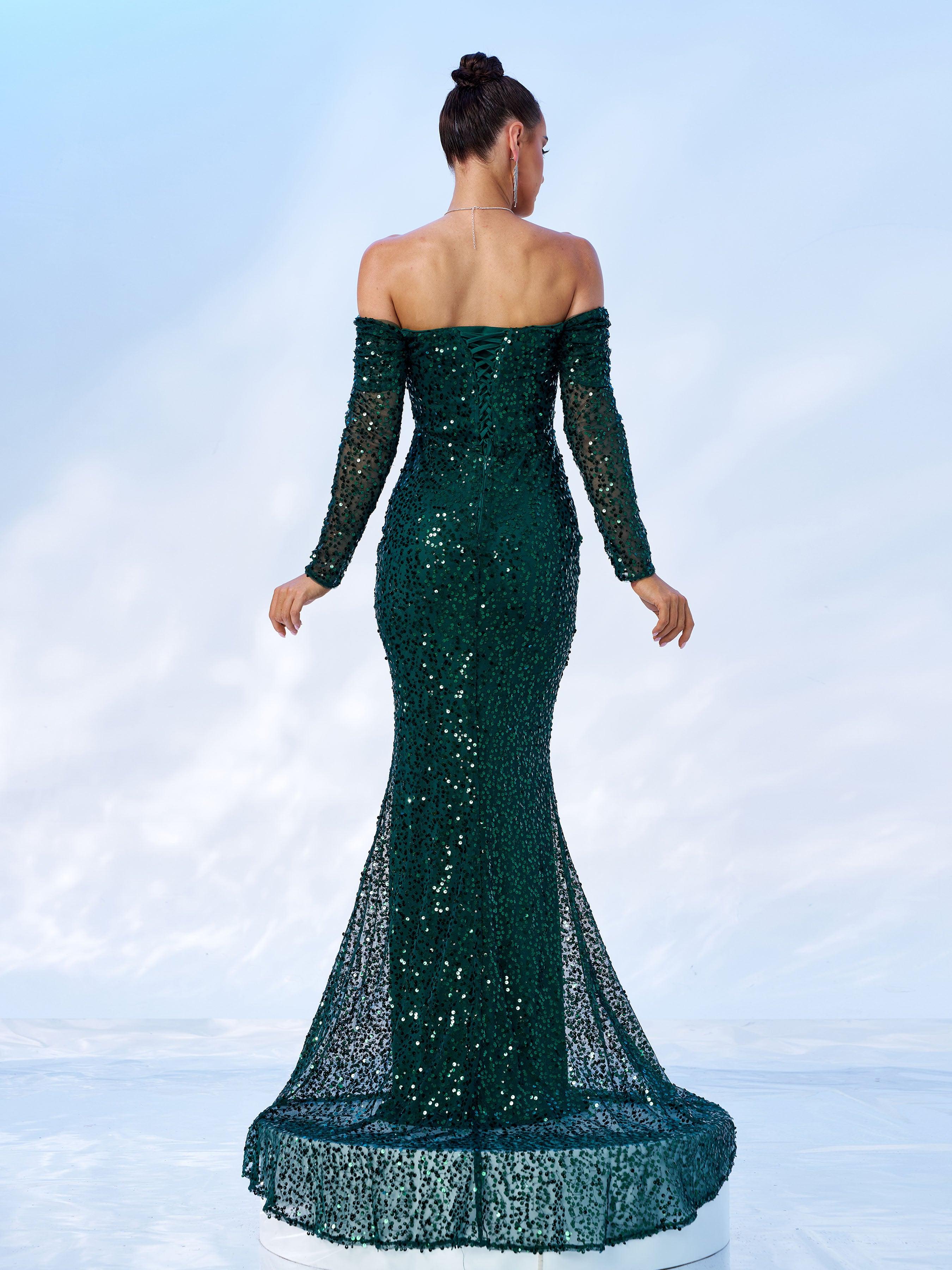 Green Off Shoulder Sequin Mermaid Evening Dress MES00643 - MISS ORD