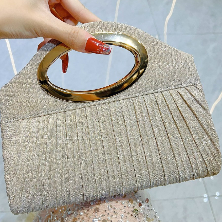Pleated Gold Ring Handle Clutch MNBF136