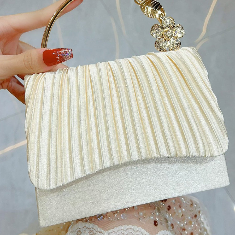 Pleated Satin Clutch with Crystal Flower Handle MNBF138