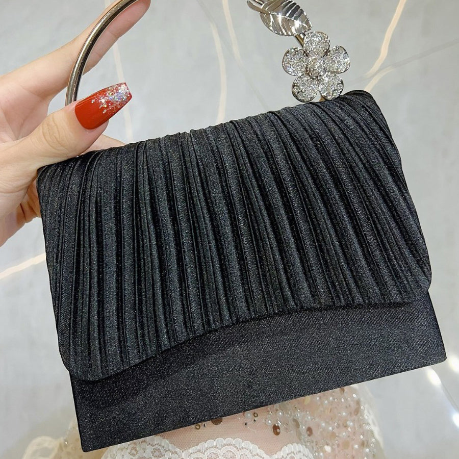 Pleated Satin Clutch with Crystal Flower Handle MNBF138