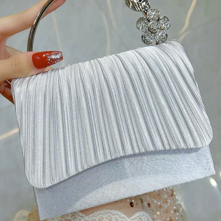 Pleated Satin Clutch with Crystal Flower Handle MNBF138