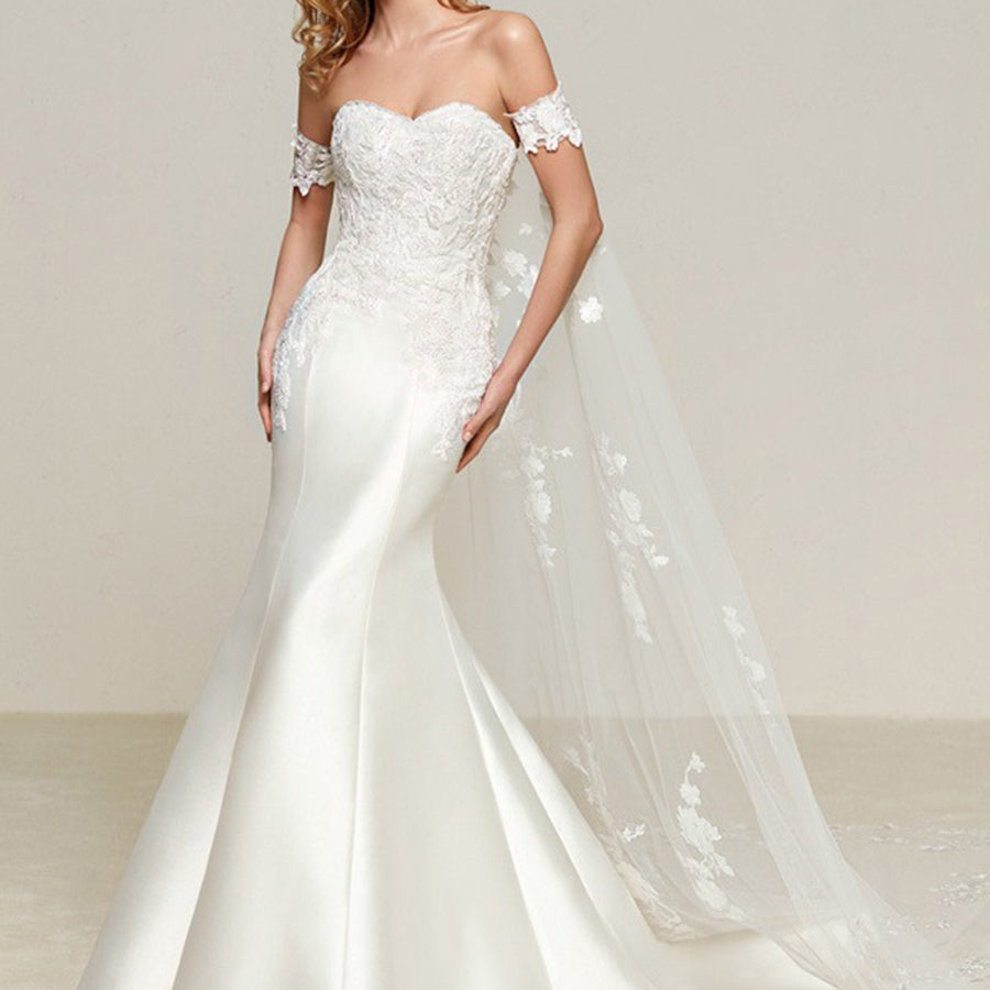Simple Off-Shoulder Satin Mermaid Wedding Dress with Detachable Train MSW078
