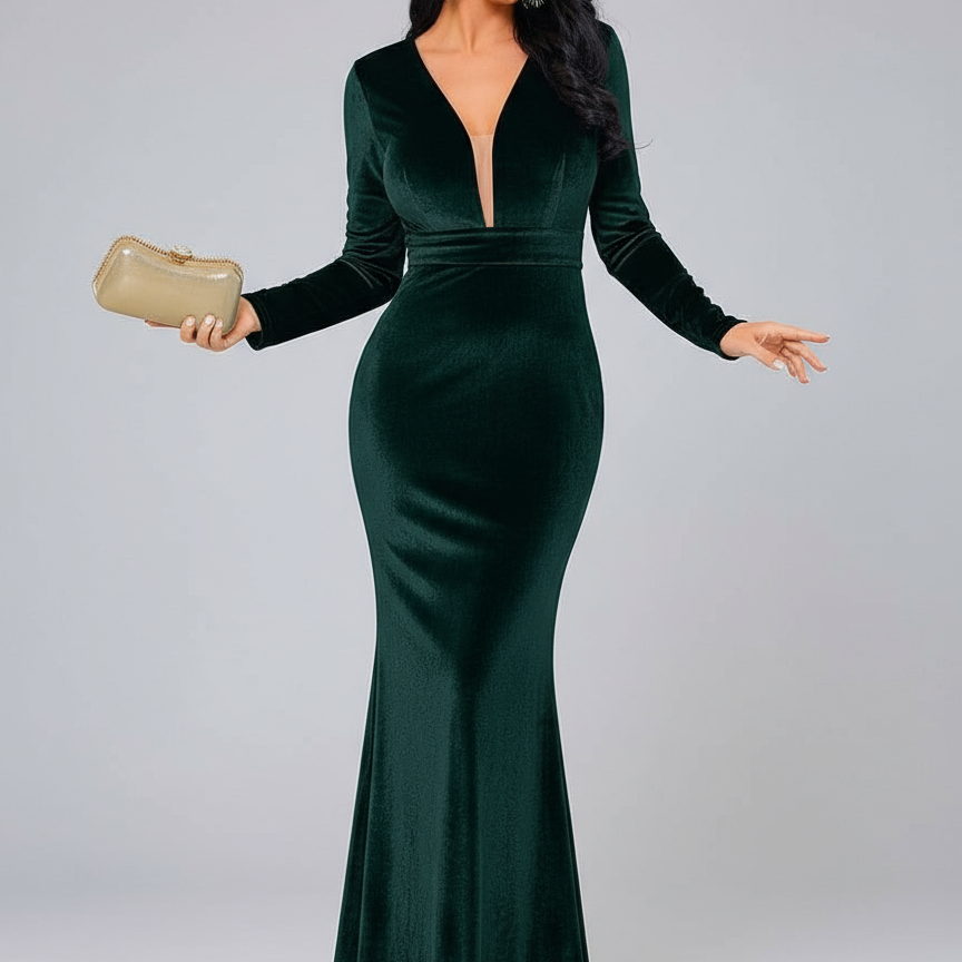 Long Sleeve Velvet Green Evening Dress XJ940