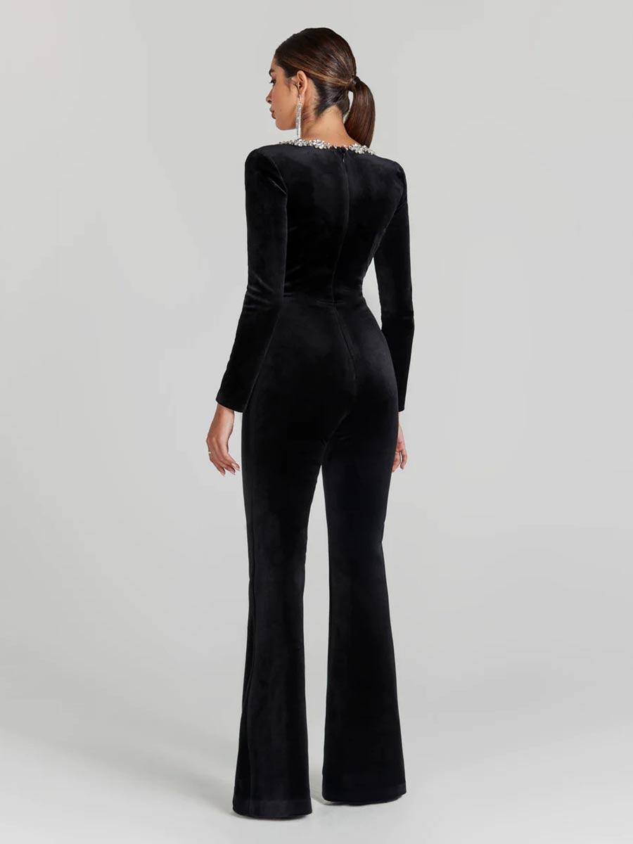 Rhinestone Square Neck Velvet Jumpsuits MYC1033 - MISS ORD