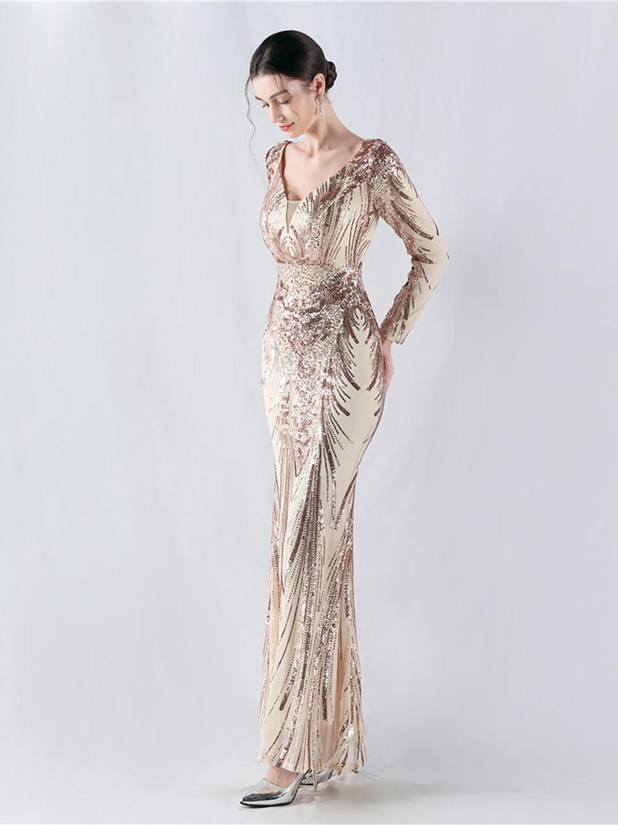 Long Sleeve Sequin V-neck Backless Prom Dress MCW1000 - MISS ORD