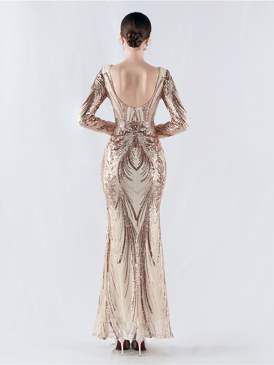 Long Sleeve Sequin V-neck Backless Prom Dress MCW1000 - MISS ORD