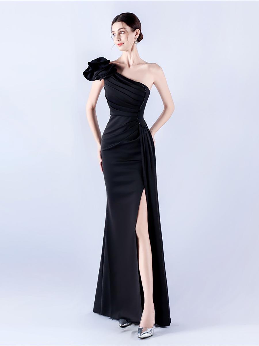 One Shoulder Flower Pleated Draped Prom Dress MYN1002 - MISS ORD