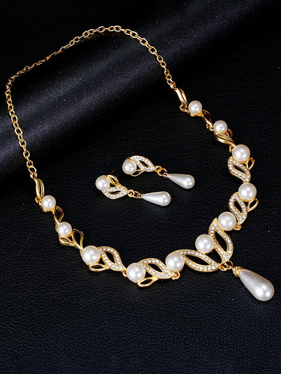 Teardrop Pearl Necklace Earrings Gold Set MRL20001 - MISS ORD