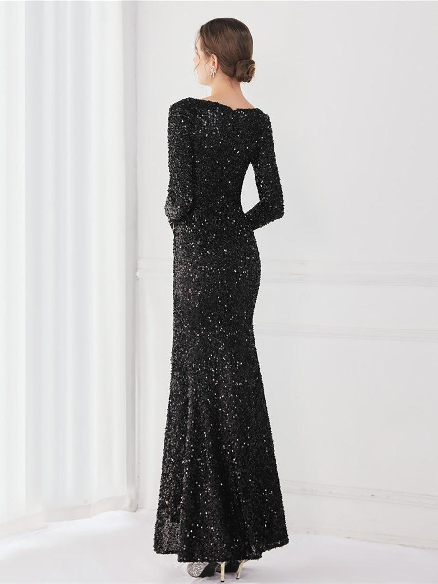 Long Sleeve Solid V-neck Sequin Prom Dress MCW1133 - MISS ORD