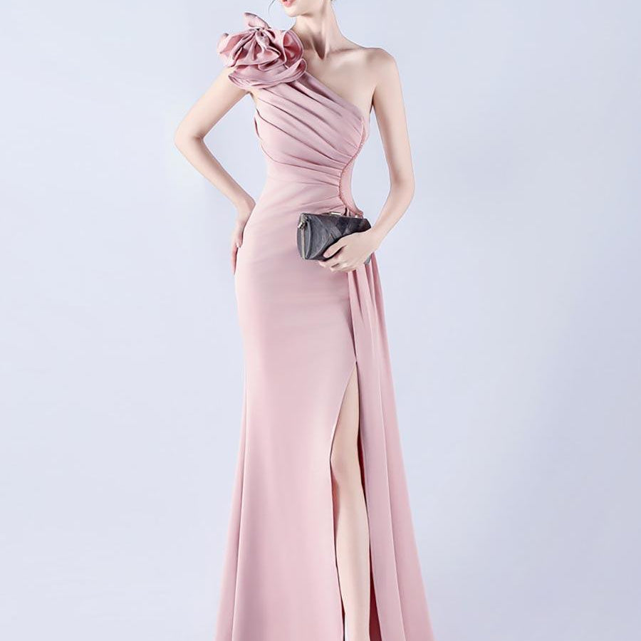 One Shoulder Flower Pleated Draped Prom Dress MYN1002 - MISS ORD