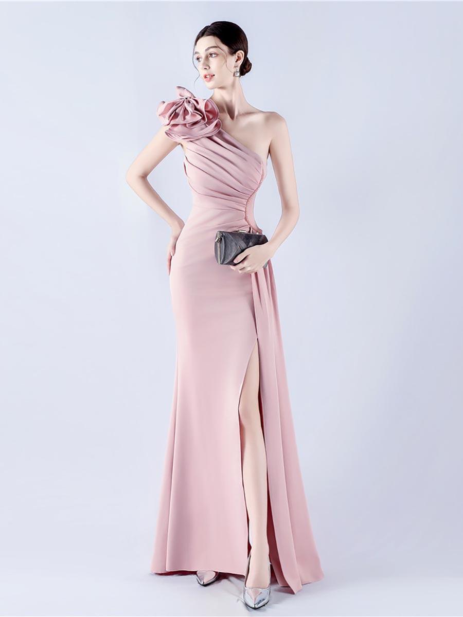 One Shoulder Flower Pleated Draped Prom Dress MYN1002 - MISS ORD