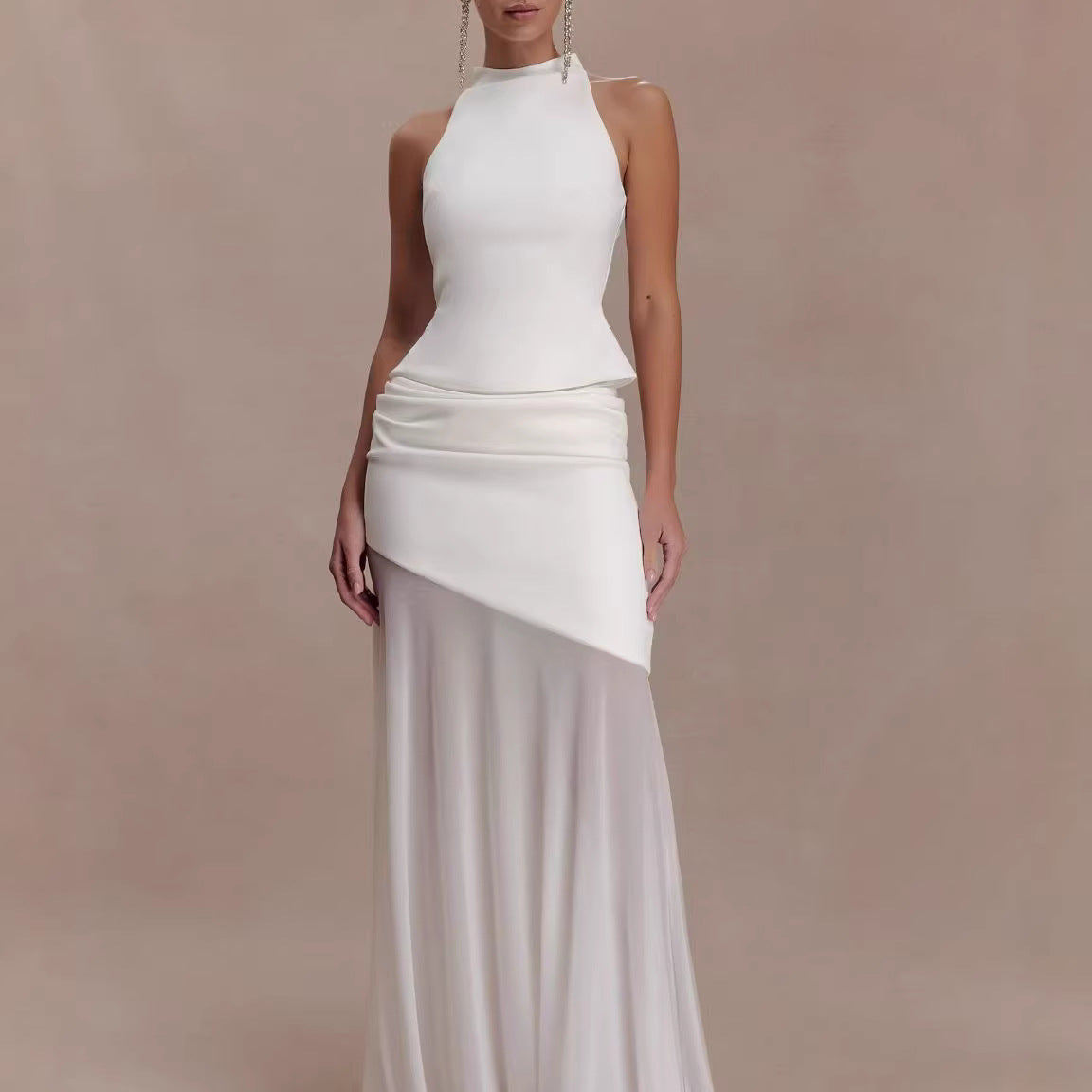 Halter Neck Asymmetric Draped Sheer Maxi Dress XF251339