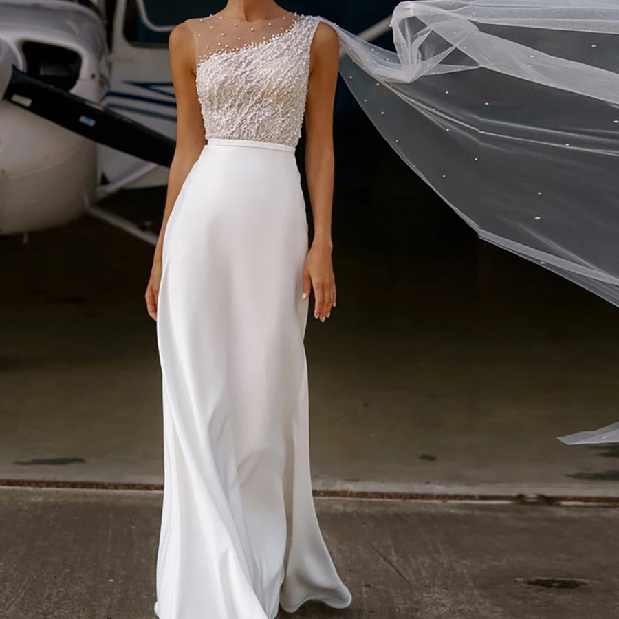 White Beaded Illusion Neck Cape Sleeve Satin Mermaid Wedding Dress MSW080
