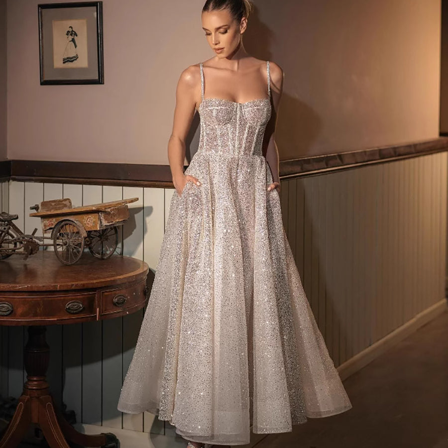 Glitter Spaghetti Strap Corset A-Line Midi Formal Dress XF251360