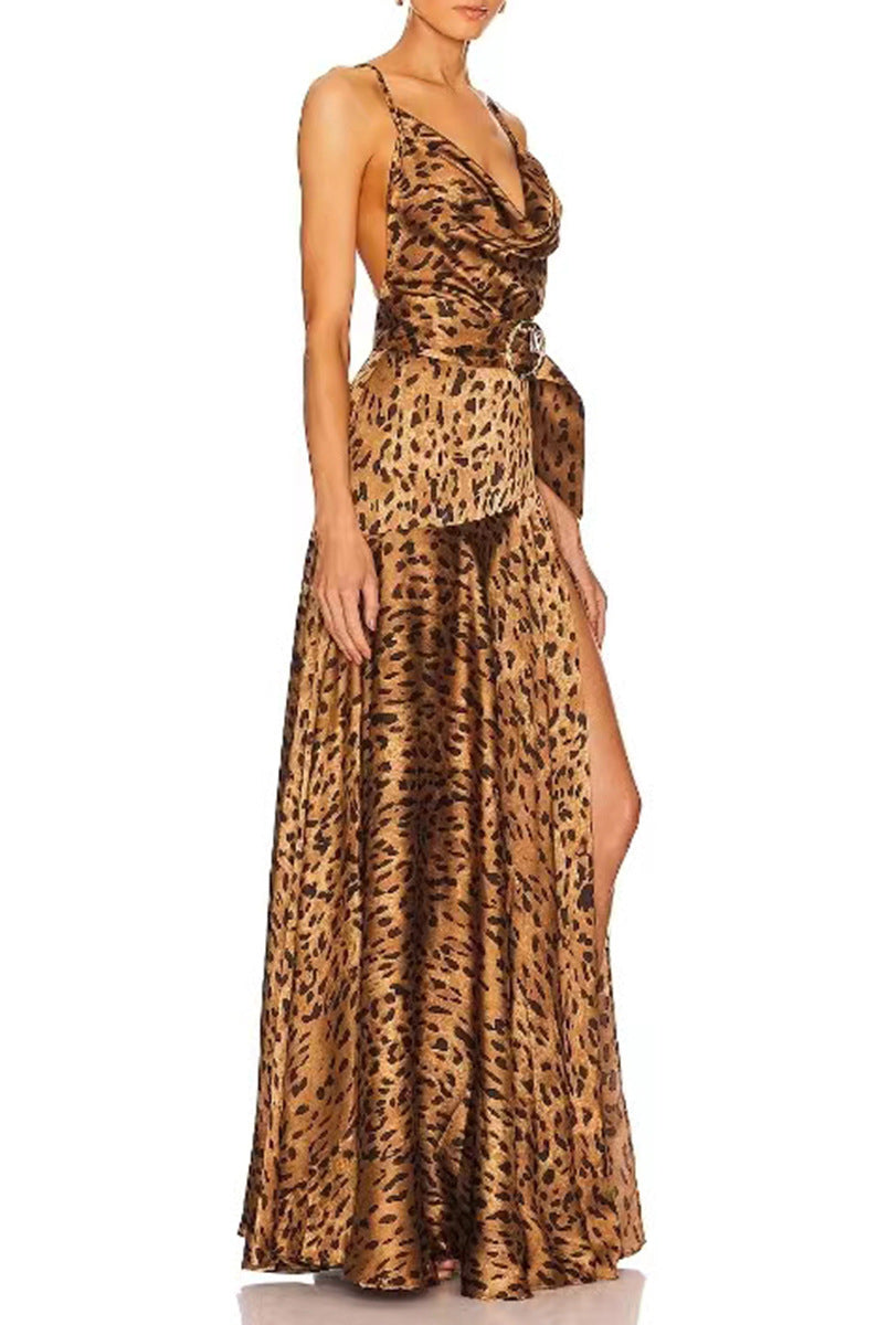 MISSORD Sexy Leopard Print Split Vacation Dress