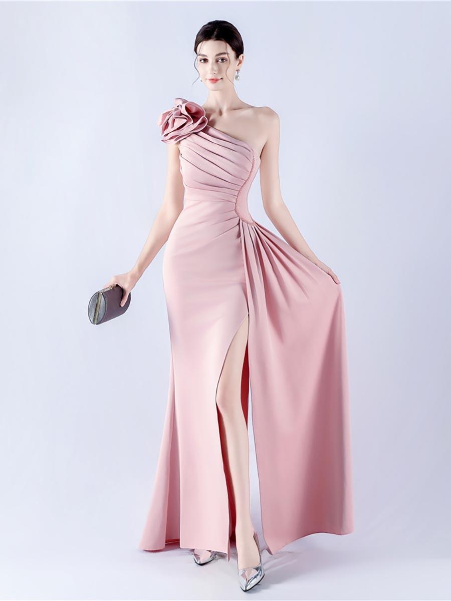 One Shoulder Flower Pleated Draped Prom Dress MYN1002 - MISS ORD