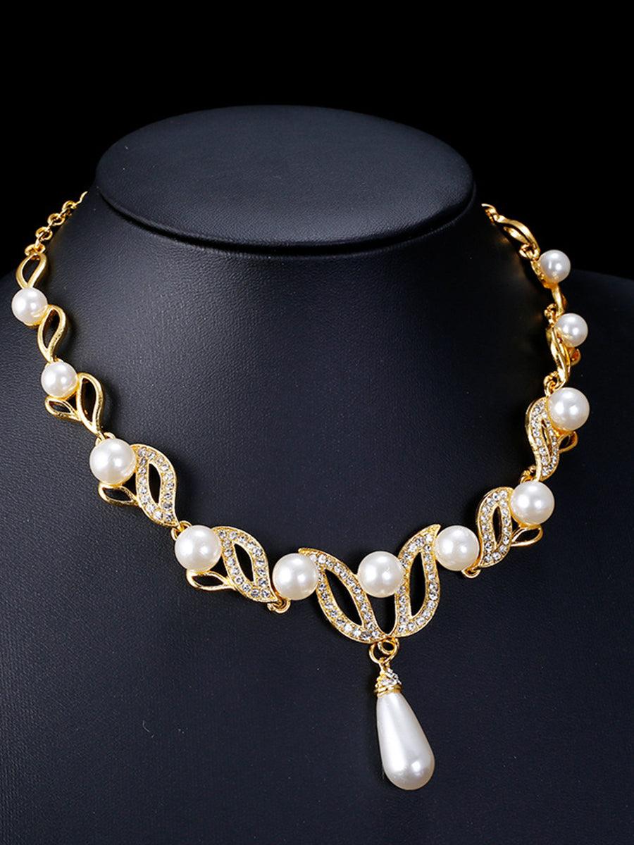 Teardrop Pearl Necklace Earrings Gold Set MRL20001 - MISS ORD