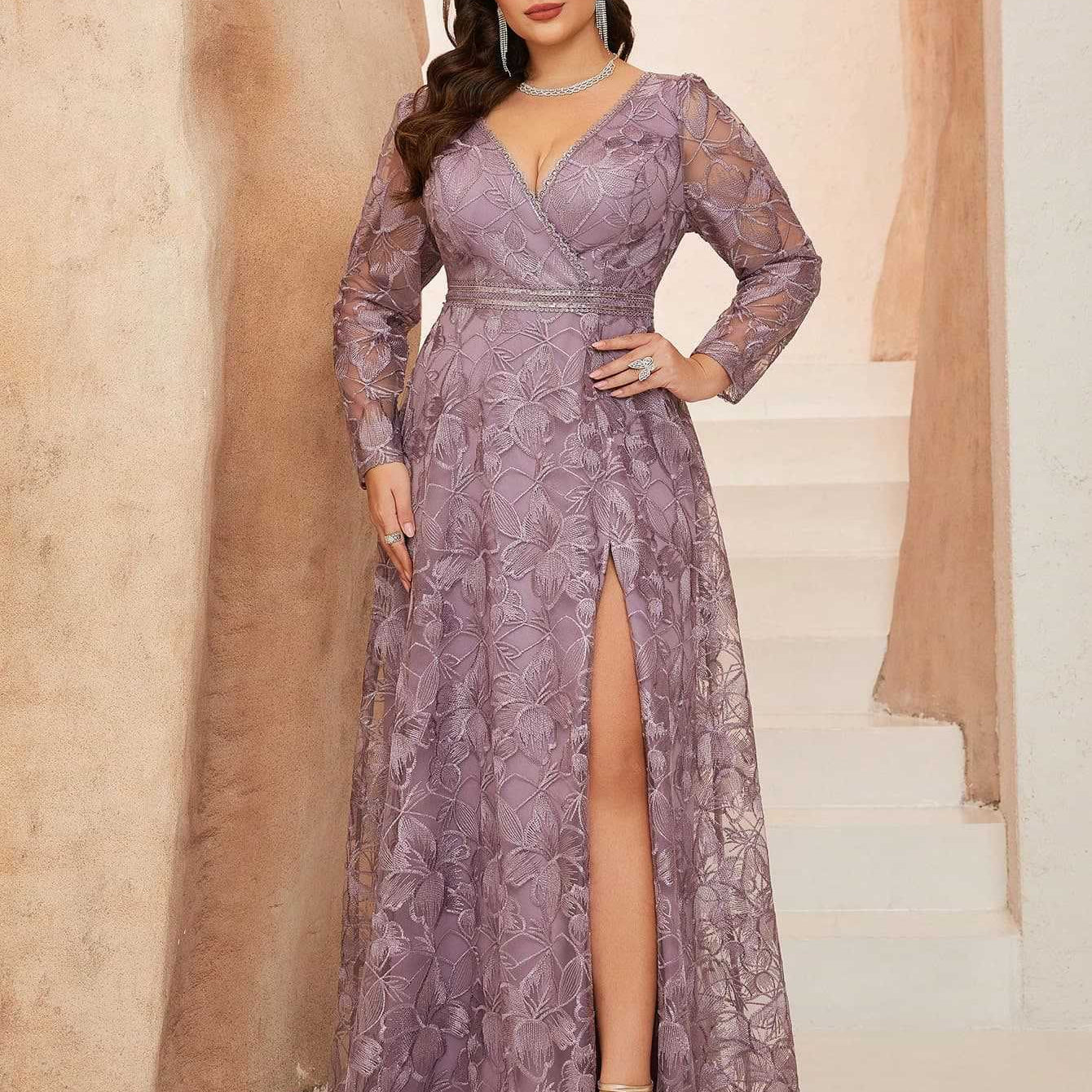 Plus Lavender Floral Lace V-Neck Formal Dress XF251302