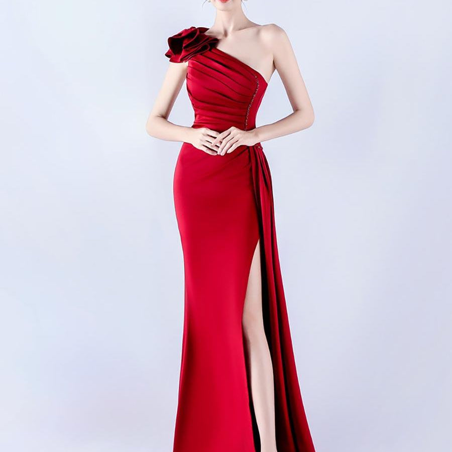 One Shoulder Flower Pleated Draped Prom Dress MYN1002 - MISS ORD
