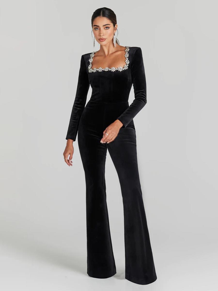 Rhinestone Square Neck Velvet Jumpsuits MYC1033 - MISS ORD