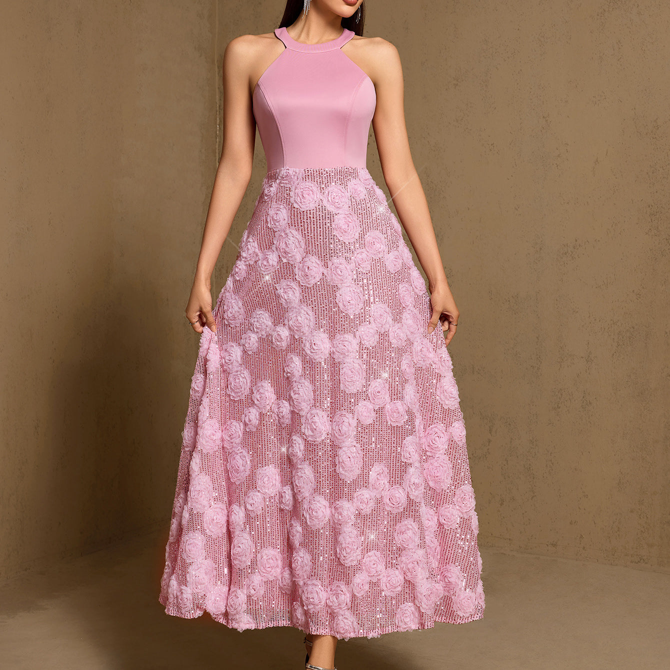 Pink 3D Rose Sequin A-Line Formal Dress XF251368