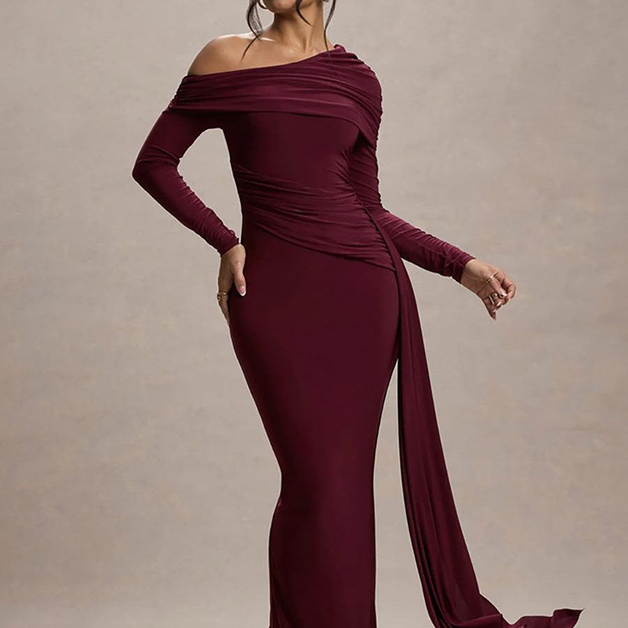 Slash Neck Ribbon Ruched Solid Prom Dress MYC2024