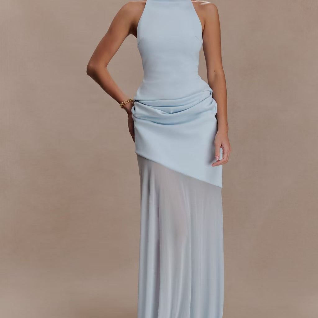 Halter Neck Asymmetric Draped Sheer Maxi Dress XF251339