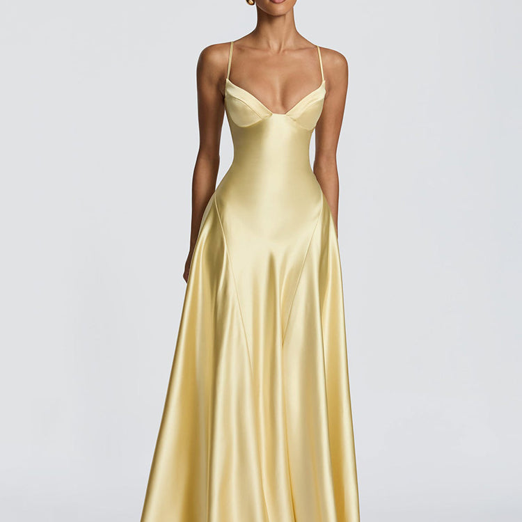 Spaghetti V Neck Satin Flowy Maxi Dress